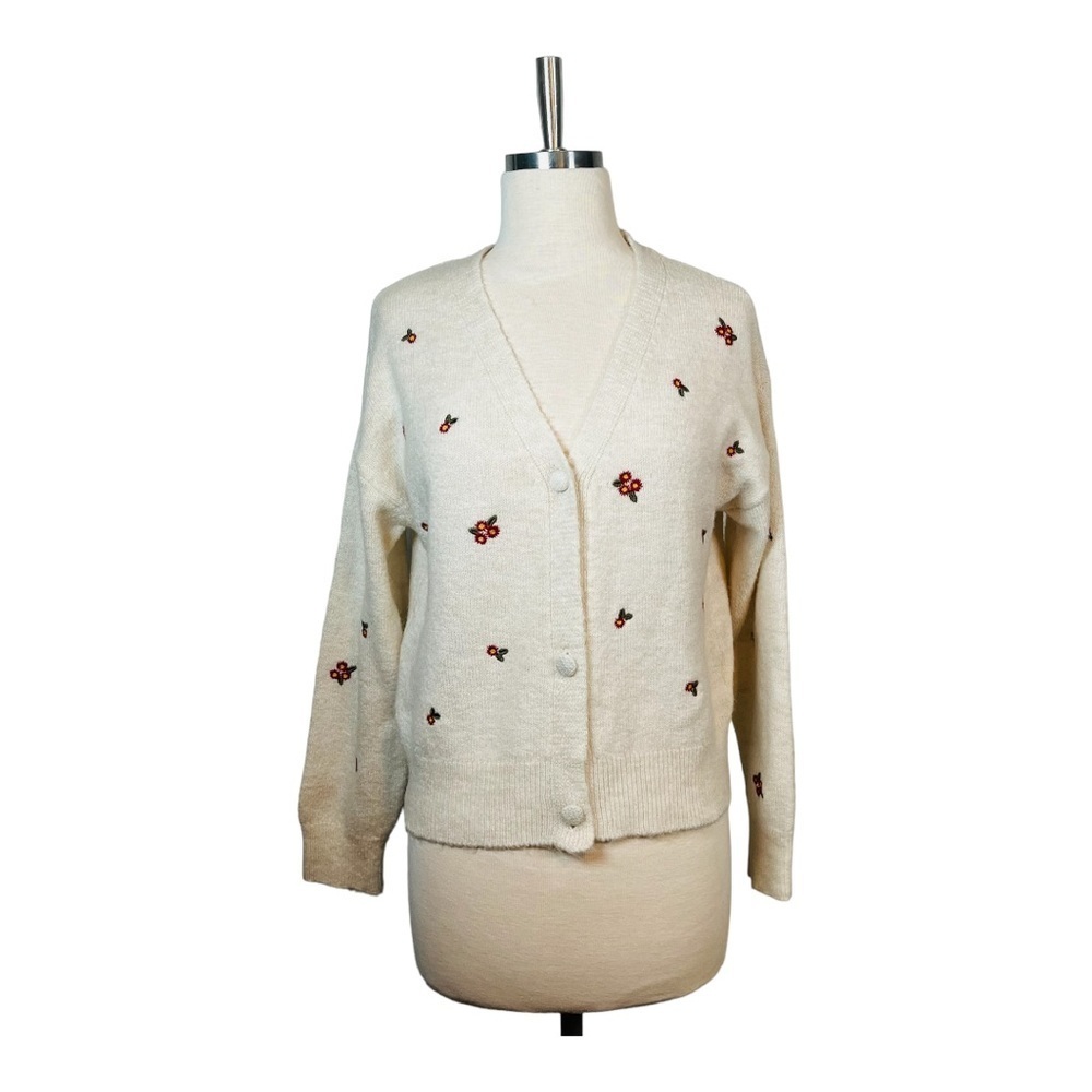 Zara Cream Cardigan with Red Floral Embroidery